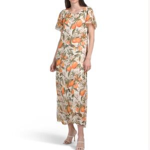 NWT Isaac Mizrahi NY Orange Grove Flutter Sleeve Chiffon Maxi Dress Made in USA